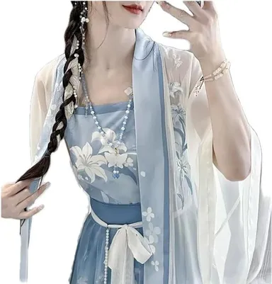 Large Size 8XL Chinese Hanfu Women Traditional Cosplay Costume Song Dynasty Summer Blue Hanfu 3pcs Suit