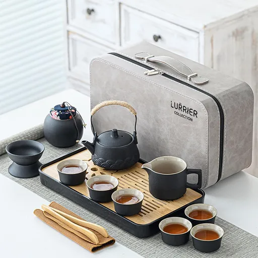 LURRIER Gongfu tea sets, Portable Ceramic TeaSet, Asian Tea sets for adult, Tea Gift sets, Grey leather case, Portable Travel Bag,Home,Gifting,Outdoor and Office