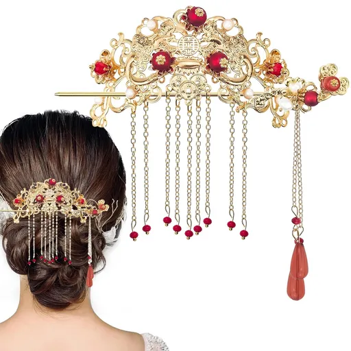 Chinese Hair Accessories for Wedding, Red Tassel Gold Hanfu Pins Pearl Flower Hair Pins, Hair Chopsticks Hair Styling Vintage Classical Sticks Long Tassel Chinese Hair Jewelry Accessories